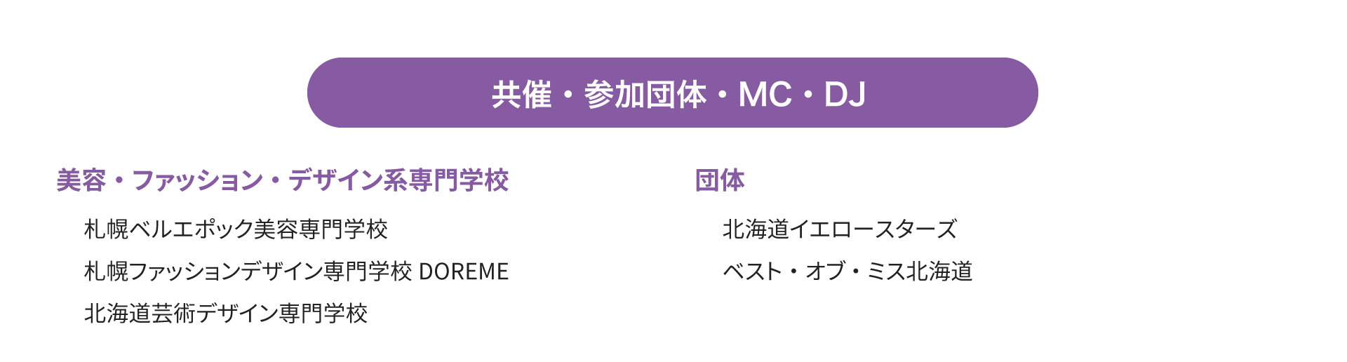 共催：札幌ベルエポック美容専門学校、札幌ファッションデザイン専門学校DOREME、北海道芸術デザイン専門学校　参加団体：北海道イエロースターズ、ベスト・オブ ・ミス北海道